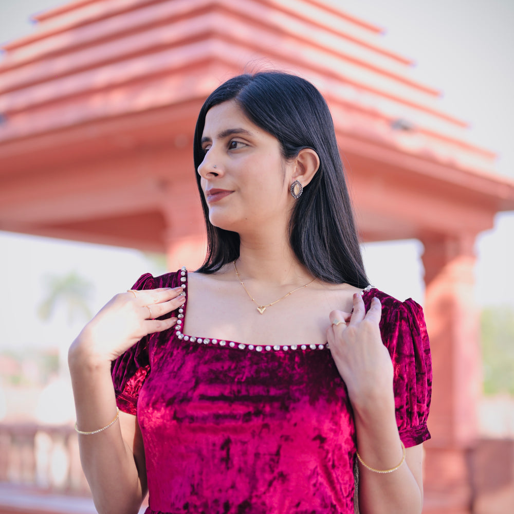 Crimson Square-Neck Velvet Dress with Puff Sleeves.