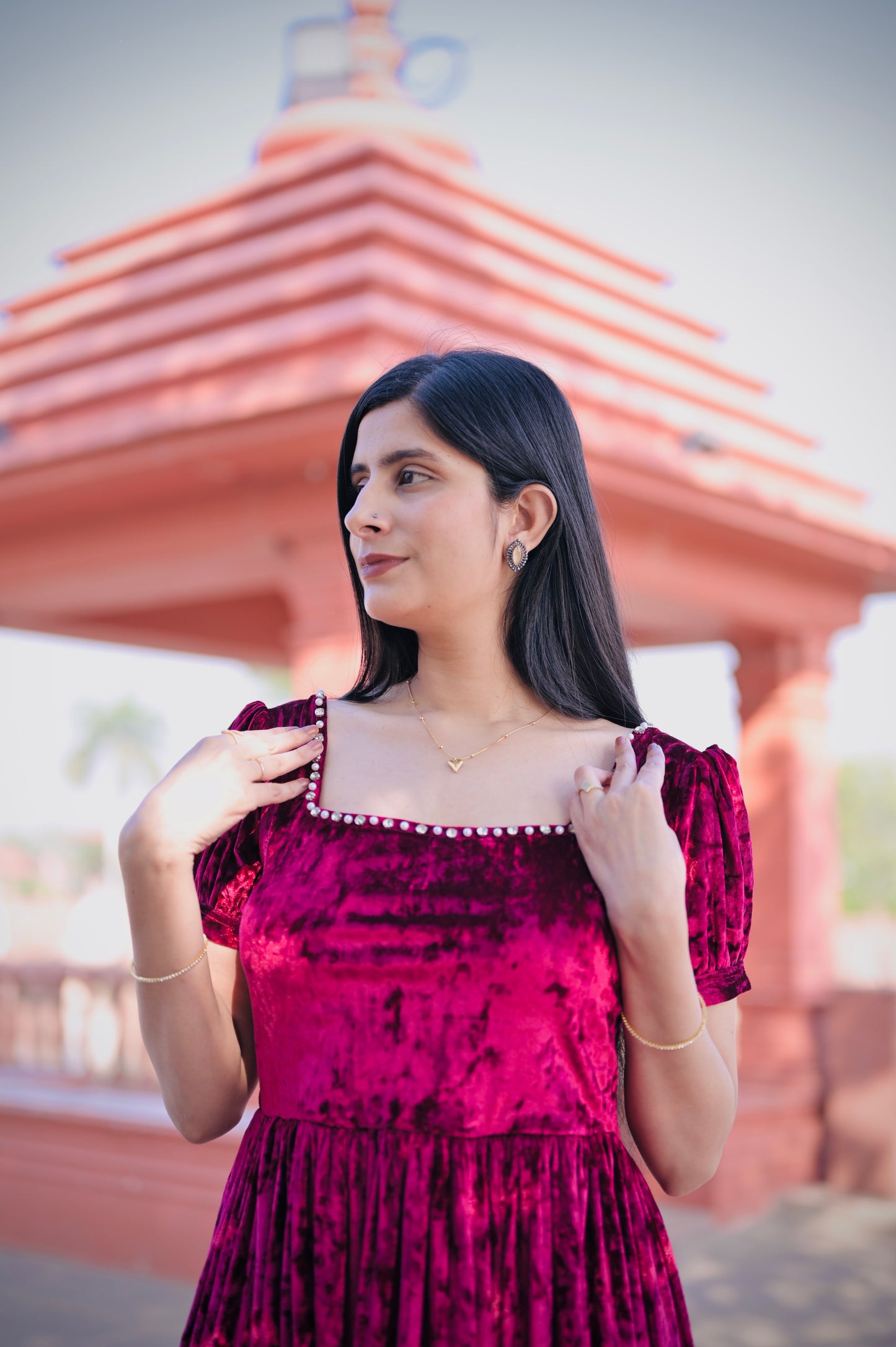 Crimson Square-Neck Velvet Dress with Puff Sleeves.