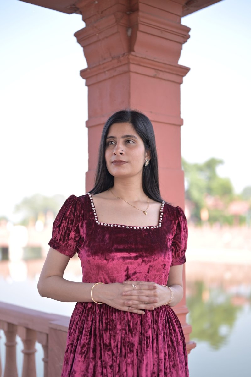 Crimson Square-Neck Velvet Dress With Puff Sleeve - Nirmal Online