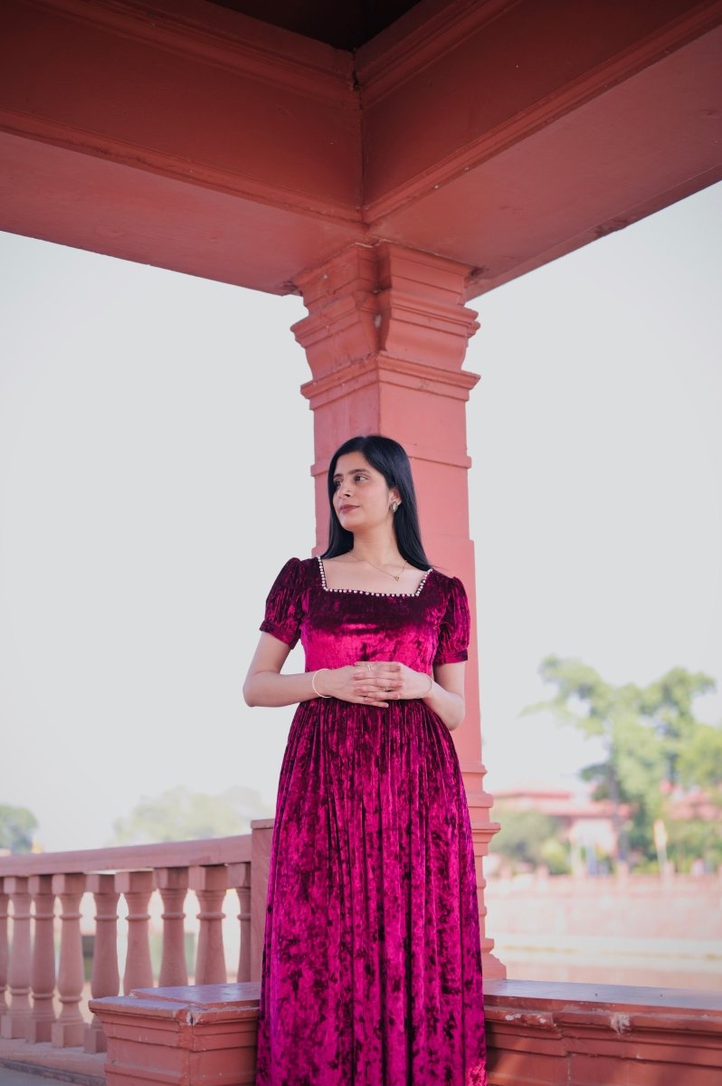 Crimson Square-Neck Velvet Dress With Puff Sleeve - Nirmal Online