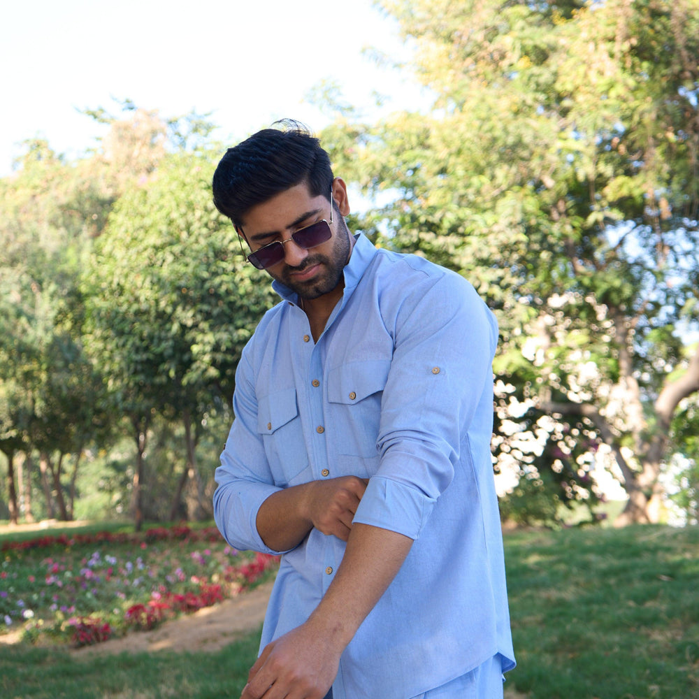 
                      
                        Menâ€™s Solid Light Blue Cotton Kurta
                      
                    
