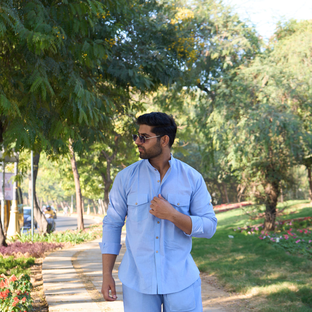 
                      
                        Men’s Solid Light Blue Cotton Kurta Pajama Set
                      
                    