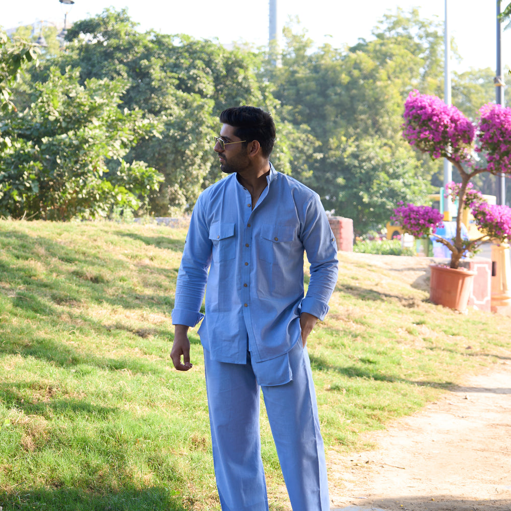 Men’s Solid Light Blue Cotton Kurta Pajama Set