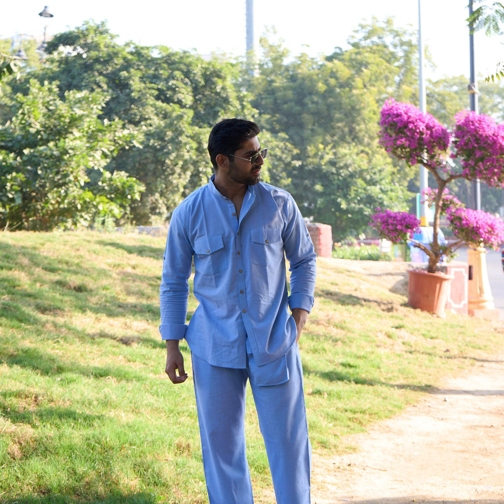 Menâ€™s Solid Light Blue Cotton Pajama