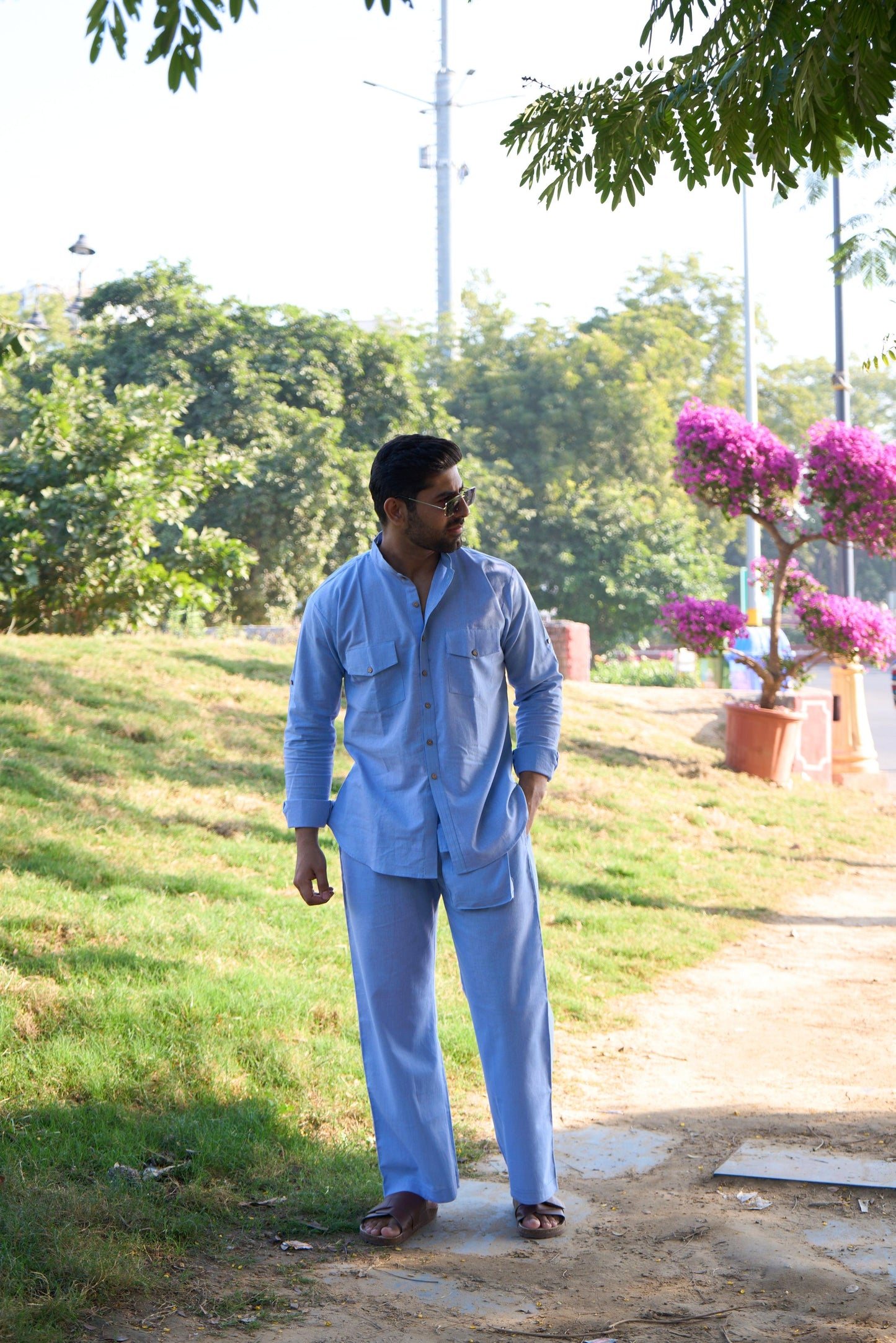 Menâ€™s Solid Light Blue Cotton Pajama
