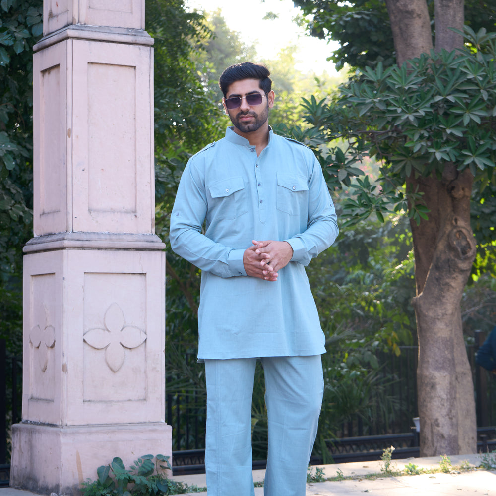 Light Blue Cotton Lining Kurta Pajama Set