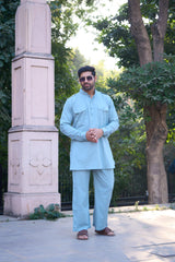 Grey Cotton Pathani Kurta Pajama Set