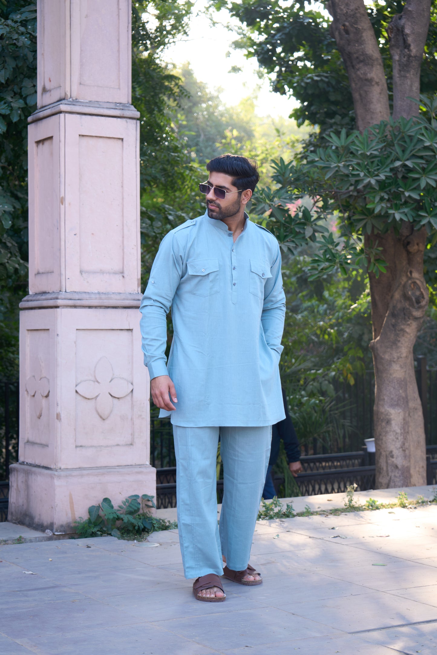 Light Blue Cotton Lining Kurta Pajama Set