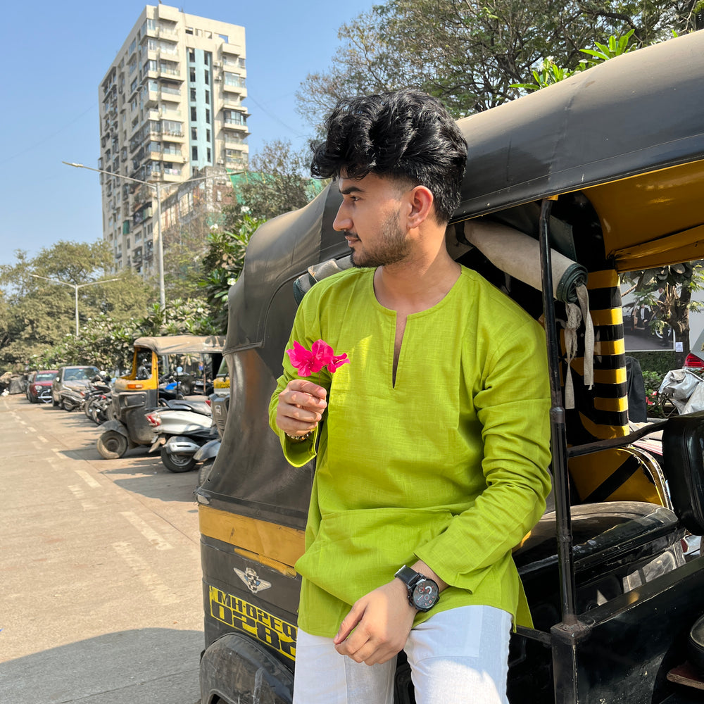 Lemon Green Off Shoulder Loose Cotton Kurta & White Pajama Set