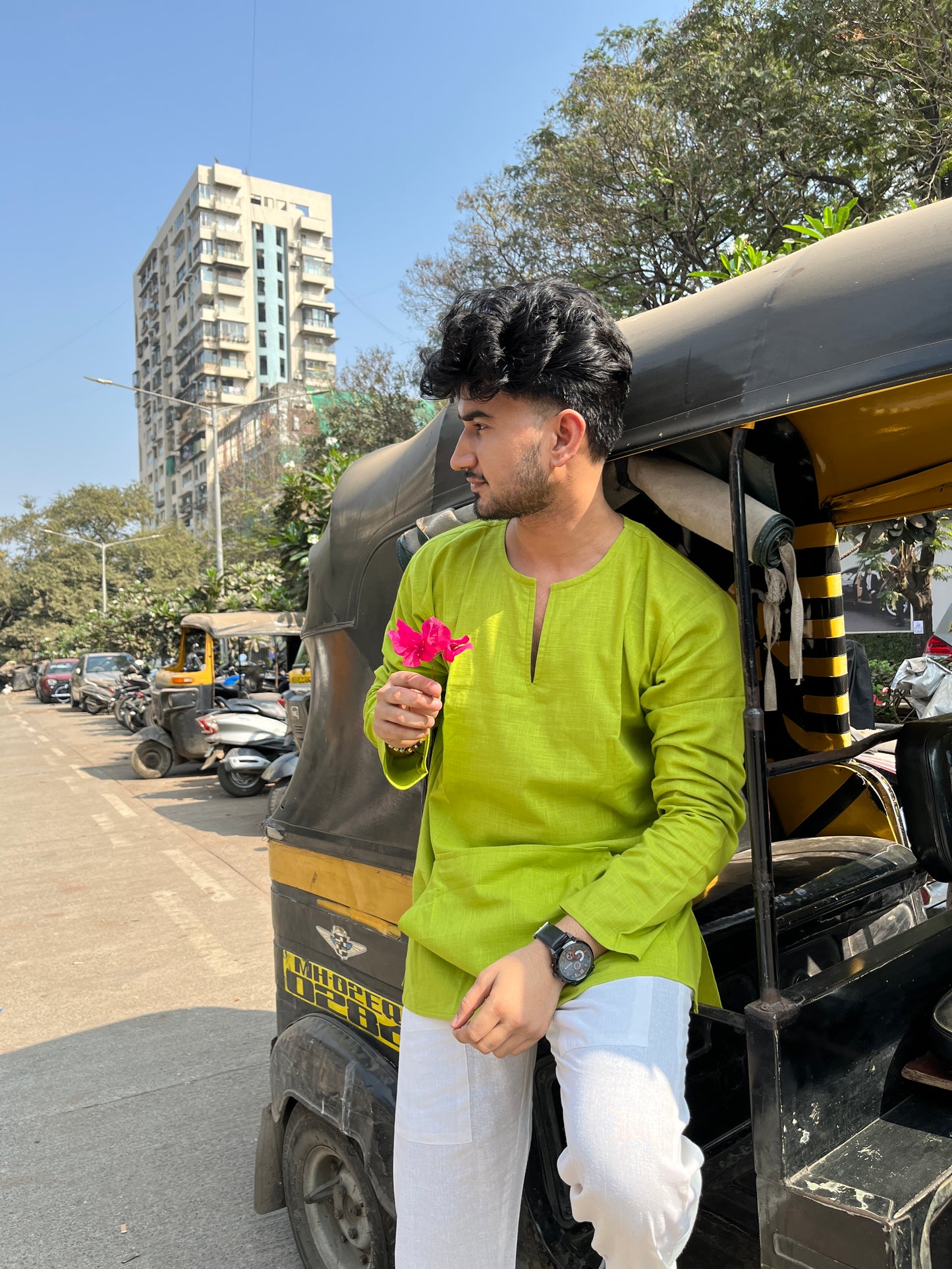 Lemon Green Off Shoulder Loose Cotton Kurta & White Pajama Set