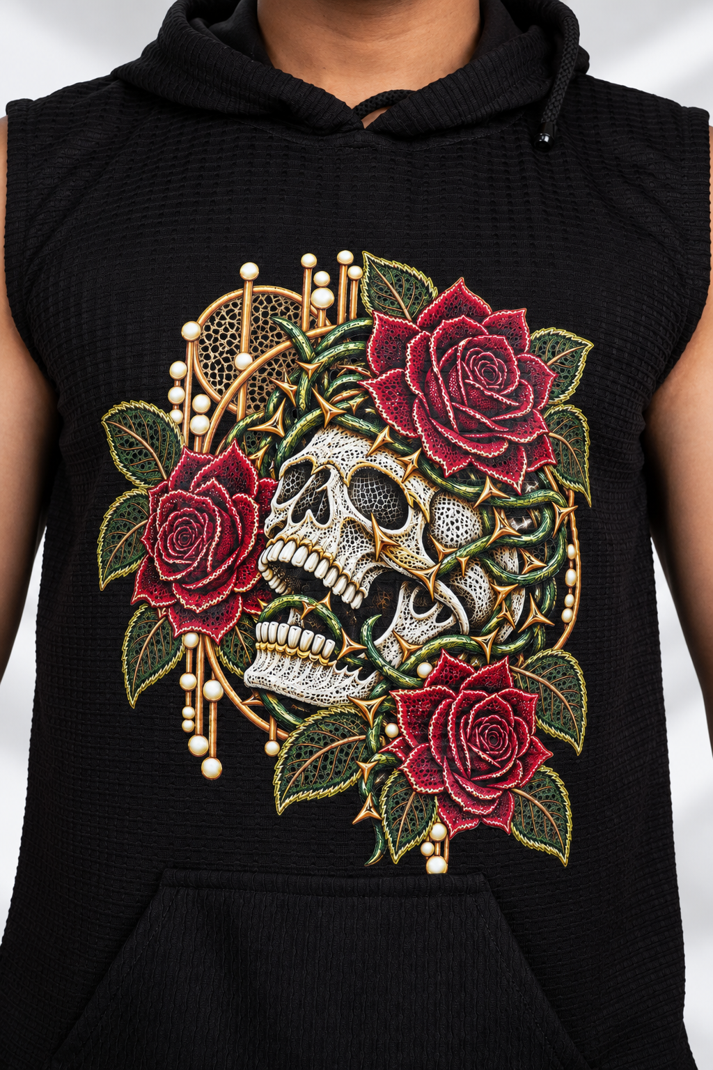 Black Floral Skull Printed Sleeveless Hoodie