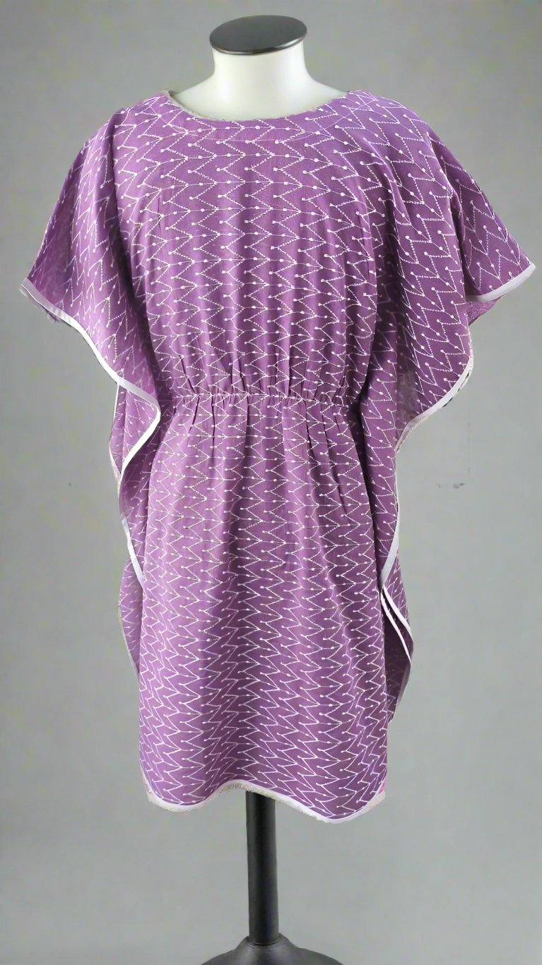 Premium Embroidered Cotton Kaftan, Elastic Waistband, Purple