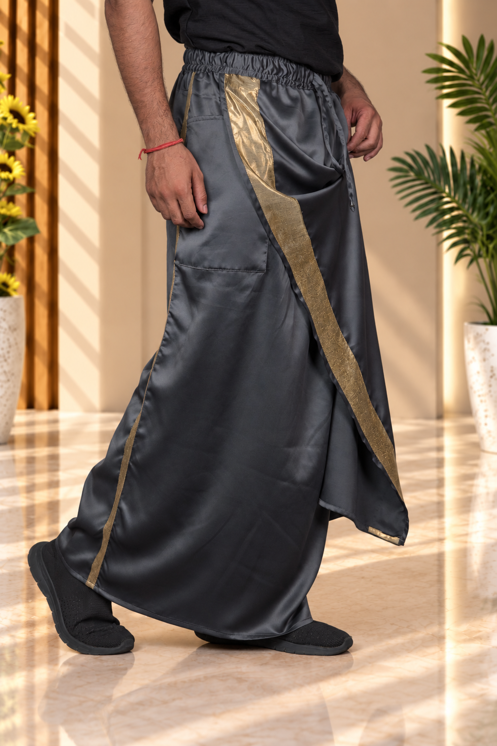 Men Charcoal  Colour Pajamalungi With Copper Zari Stripe Panel
