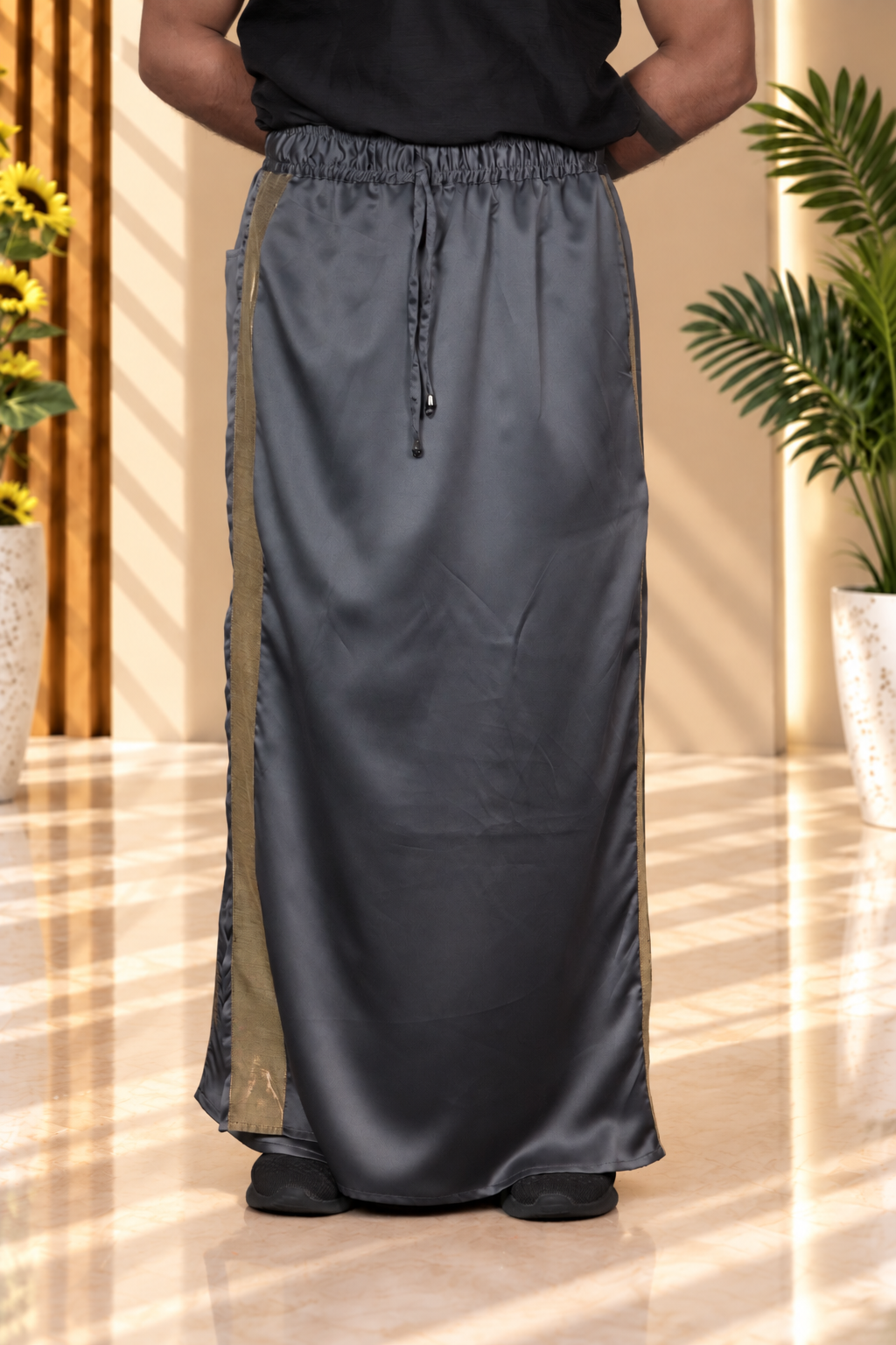 Men Charcoal  Colour Pajamalungi With Copper Zari Stripe Panel