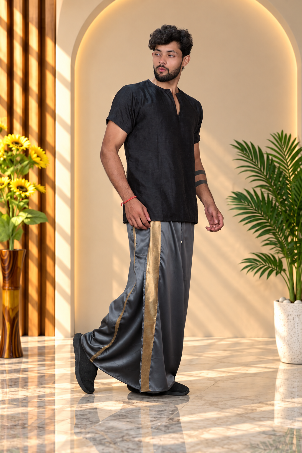 Men Charcoal  Colour Pajamalungi With Copper Zari Stripe Panel