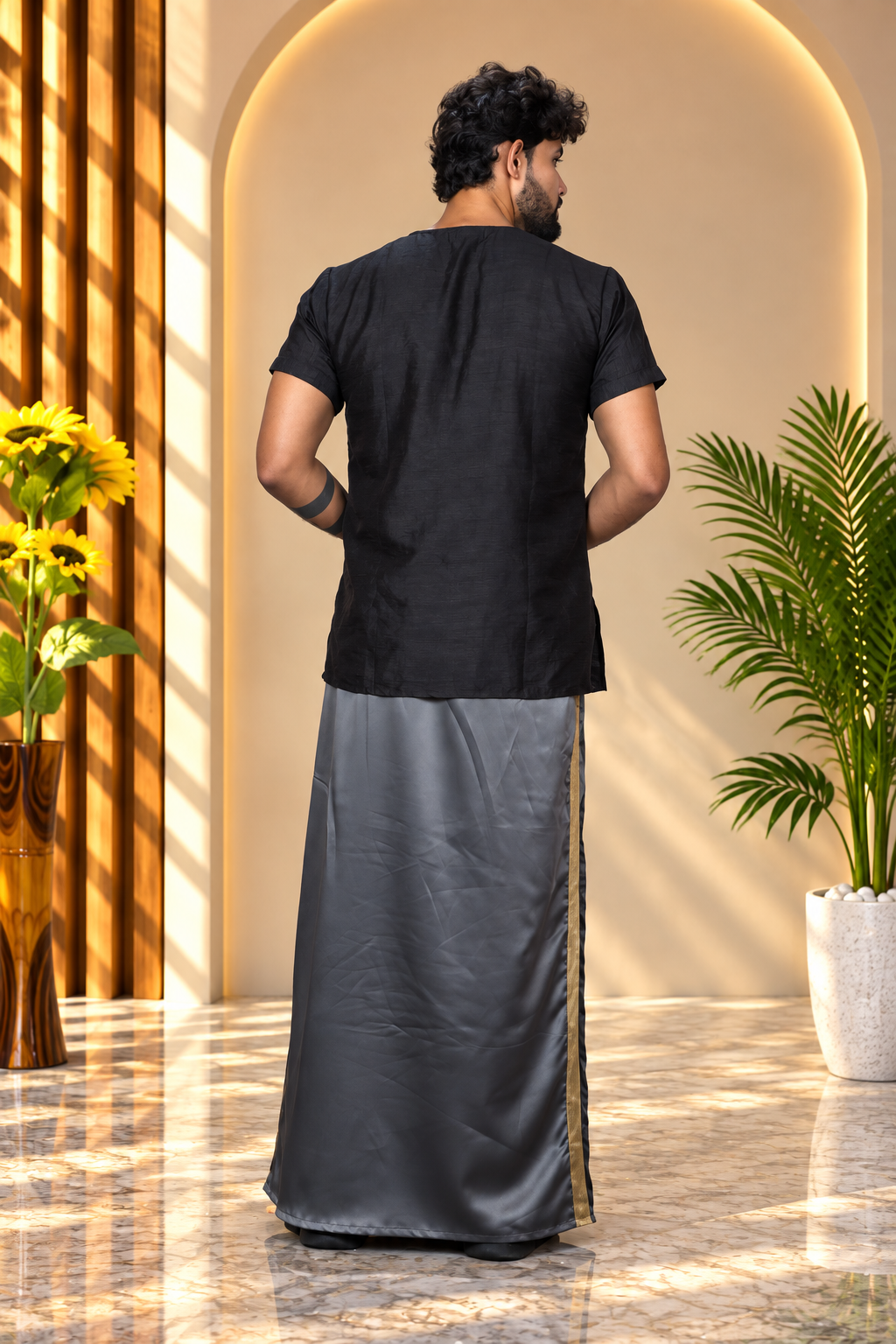 Men Charcoal  Colour Pajamalungi With Copper Zari Stripe Panel