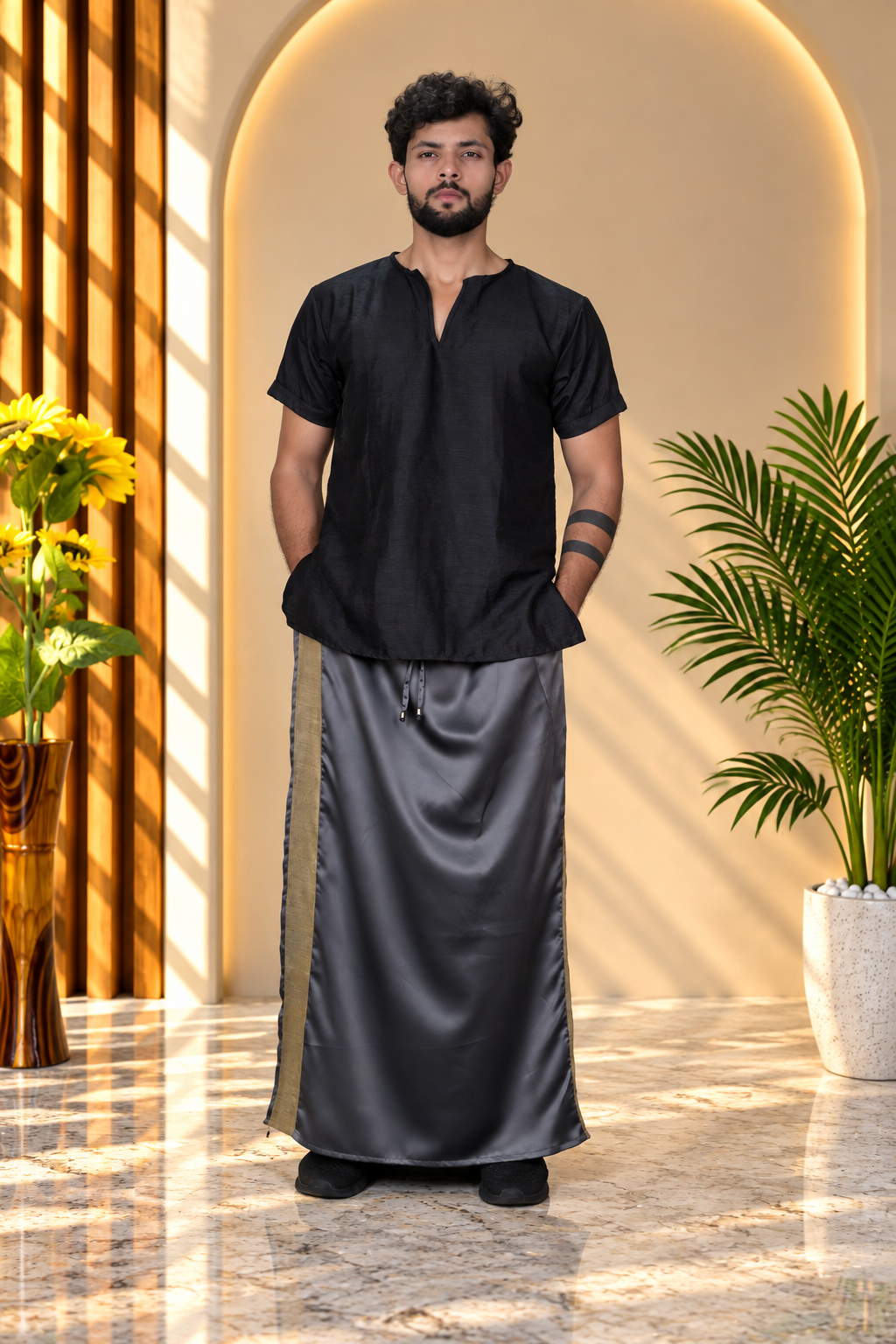 Men Charcoal  Colour Pajamalungi With Copper Zari Stripe Panel