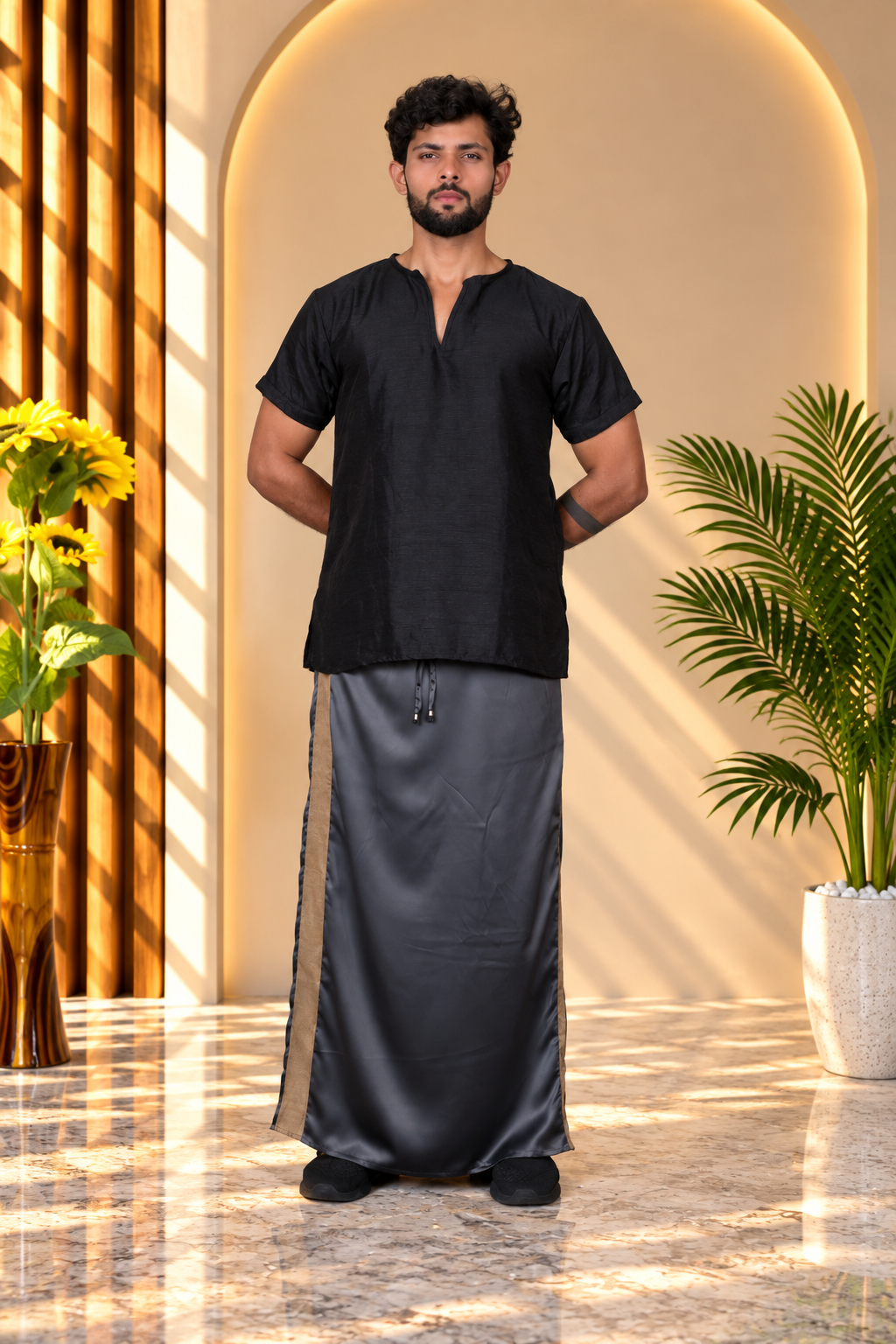 Men Charcoal  Colour Pajamalungi With Copper Zari Stripe Panel