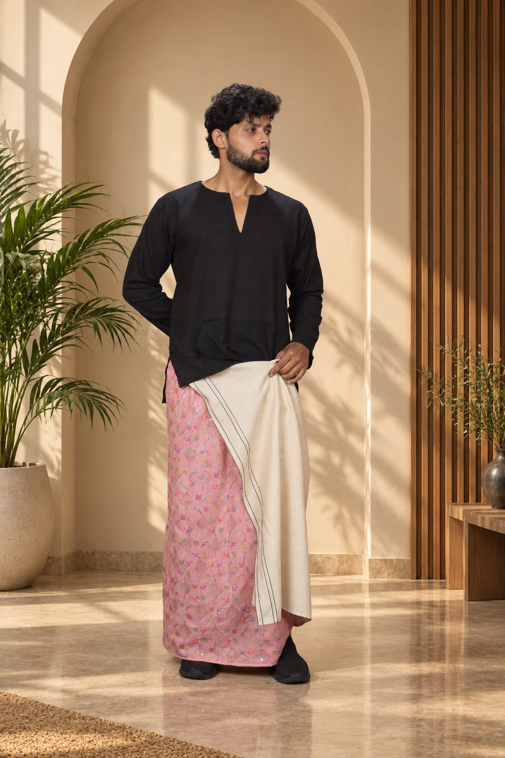 Men Beige Color  Pajamalungi With Dusty Rose Pink Sequence Embroidery Panel