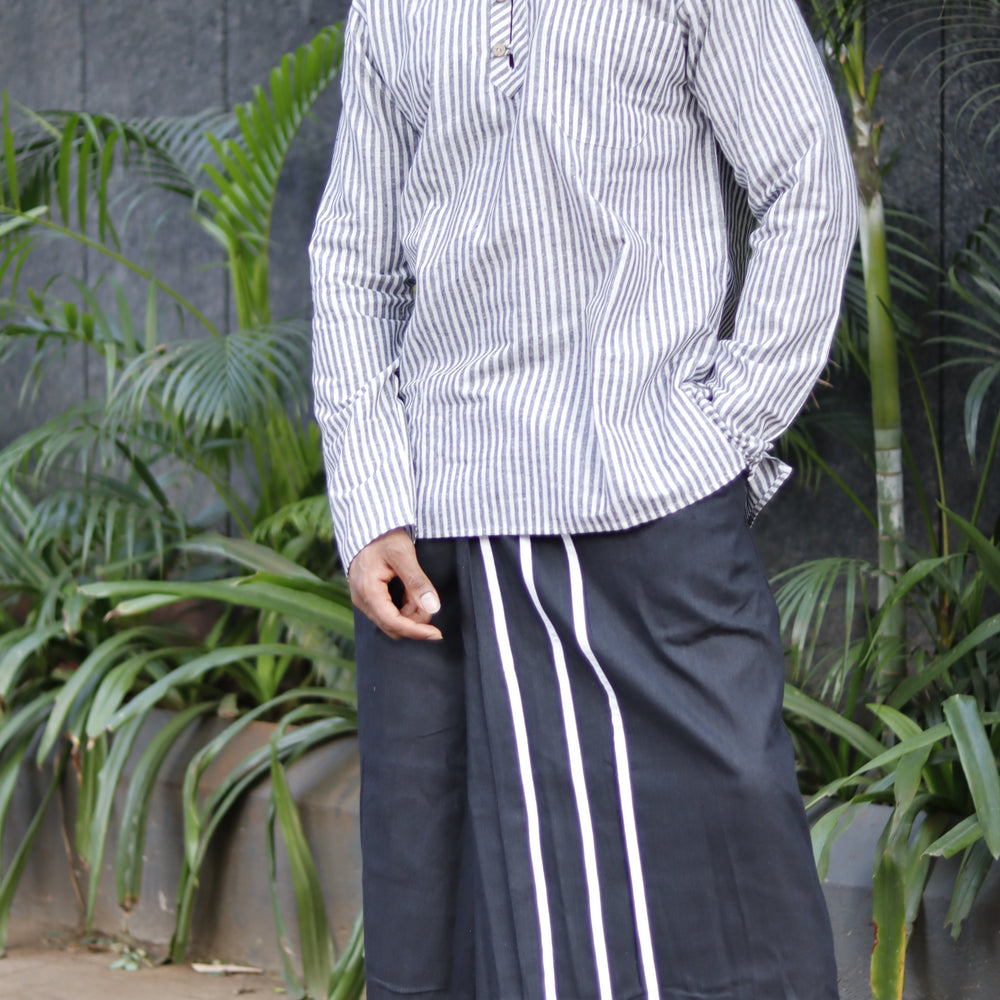 Black&White Stripe Kurta And Black Pajama Lungi Set