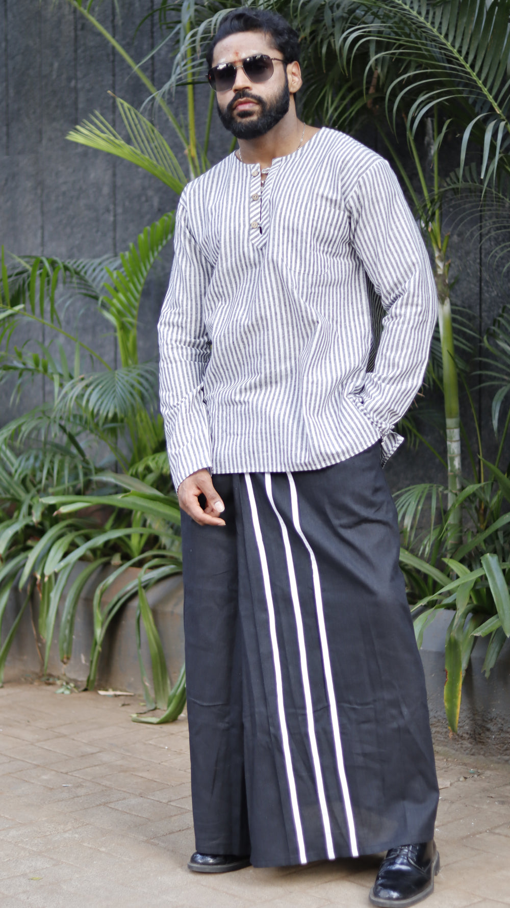 Black&White Stripe Kurta And Black Pajama Lungi Set