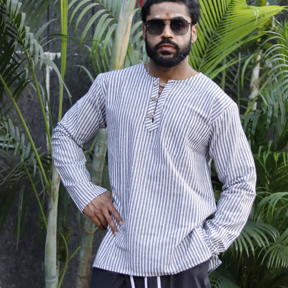 Black&White Stripe Kurta And Black Pajama Lungi Set