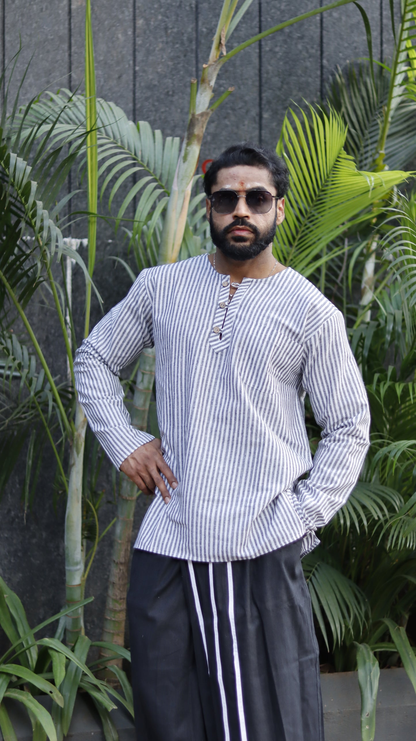 Black&White Stripe Kurta And Black Pajama Lungi Set