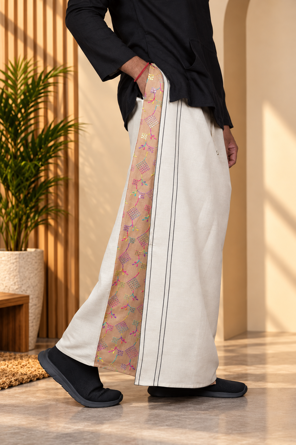 Men Beige Color  Pajamalungi With Peach Beige Sequence Embroidery Panel