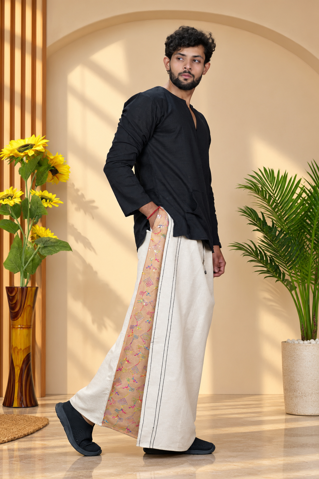 Men Beige Color  Pajamalungi With Peach Beige Sequence Embroidery Panel