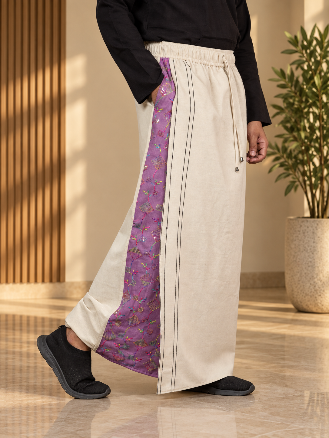 Men Beige Color  Pajamalungi With Mauve Purple Sequence Embroidery Panel