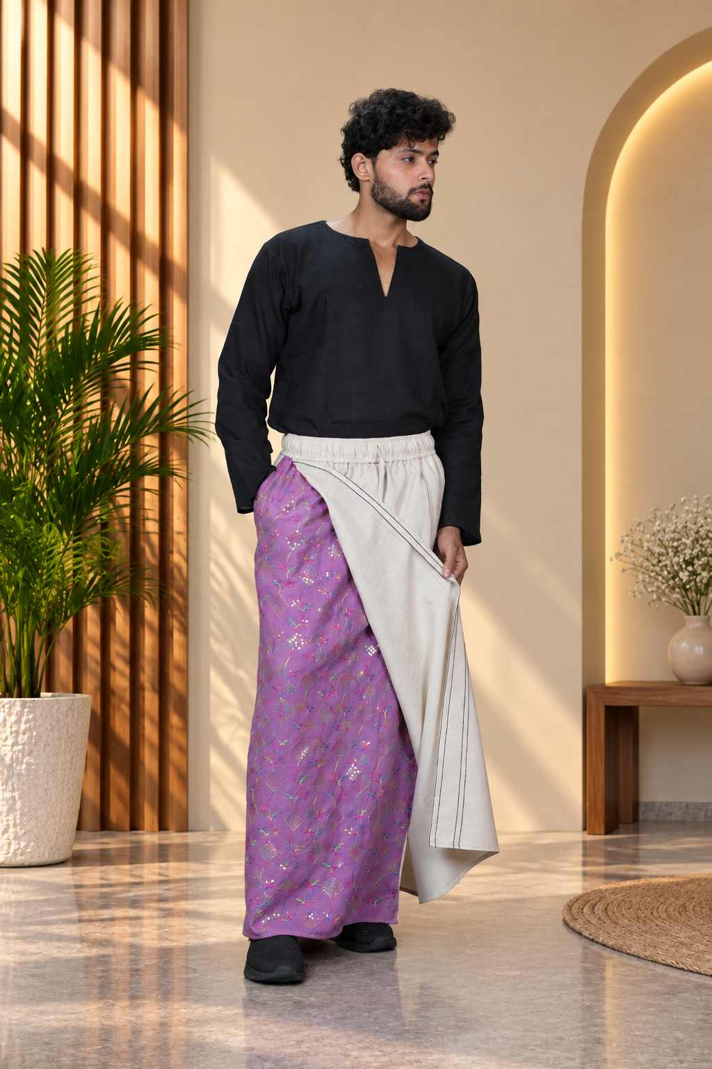 Men Beige Color  Pajamalungi With Mauve Purple Sequence Embroidery Panel