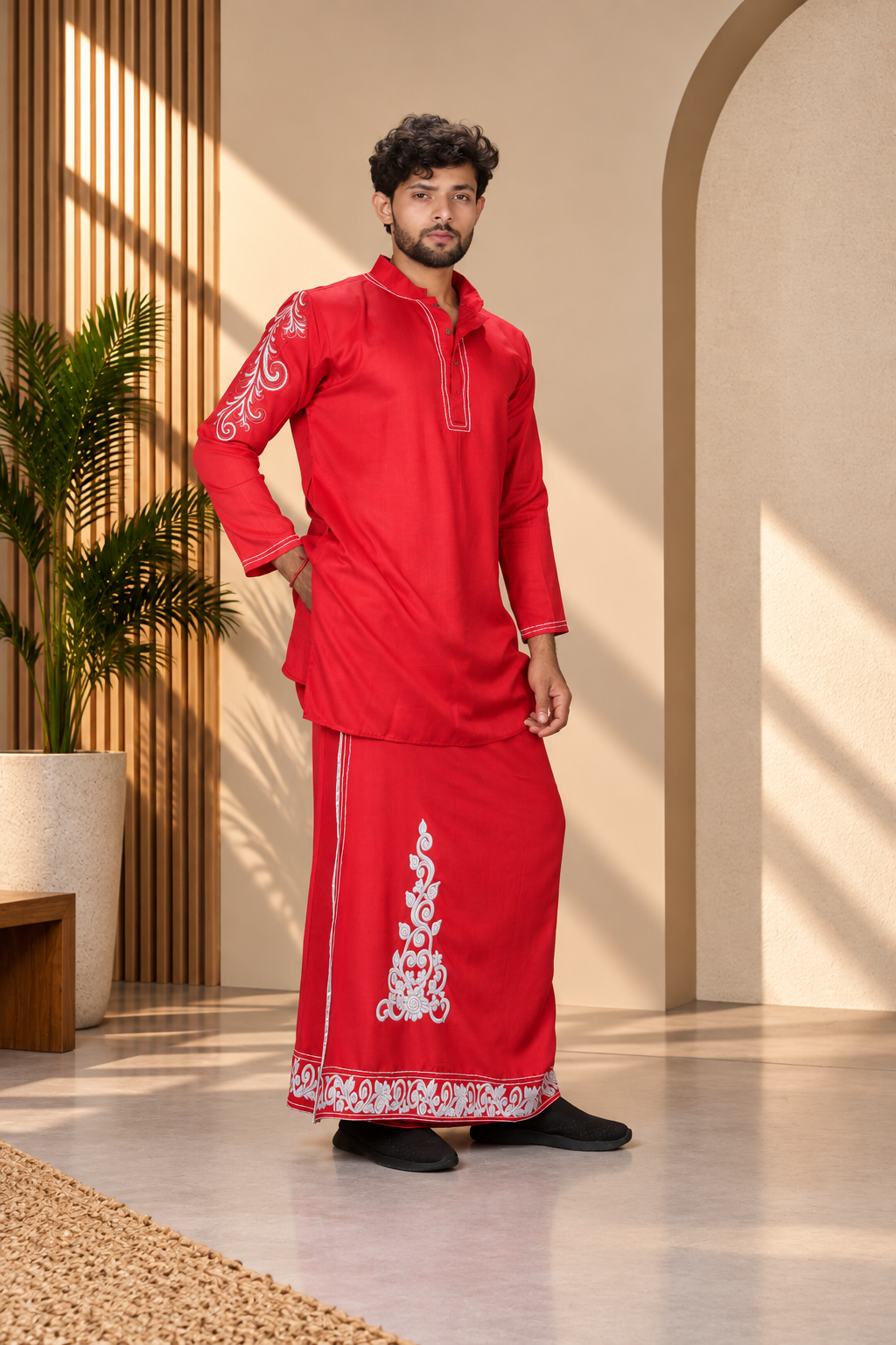 Men Red Colour Rayon Kurta with Emb look DTF Sticker