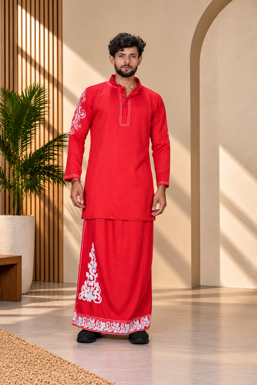 Men Red Colour Rayon Pajamalungi with Emb look DTF Sticker