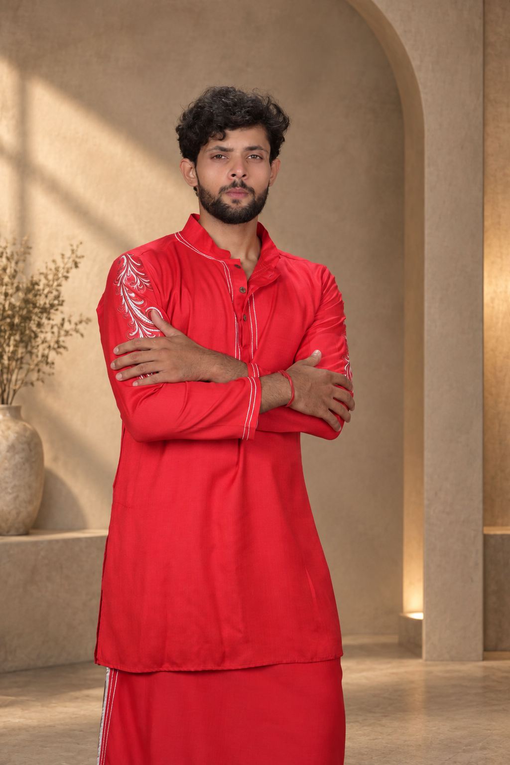 Men Red Colour Rayon Kurta with Emb look DTF Sticker
