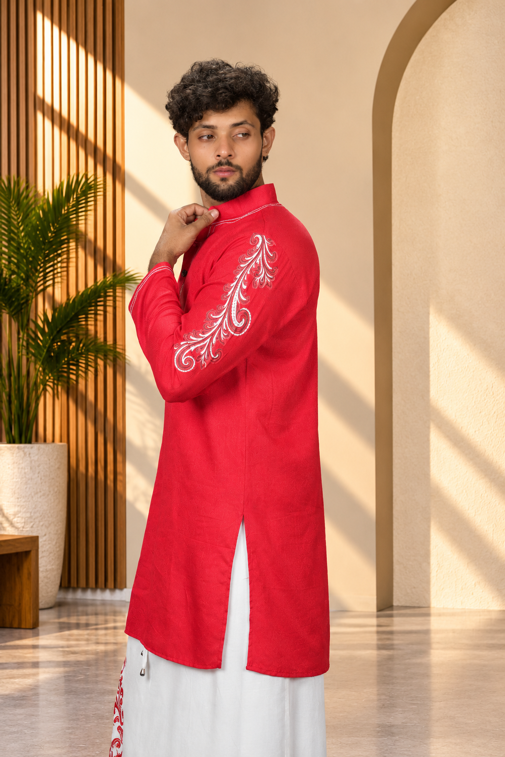 Men Red Colour Rayon Kurta with Emb look DTF Sticker