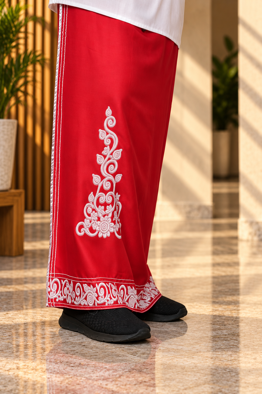Men Red Colour Rayon Pajamalungi with Emb look DTF Sticker