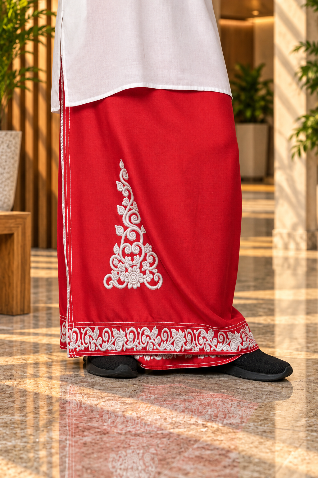 Men Red Colour Rayon Pajamalungi with Emb look DTF Sticker