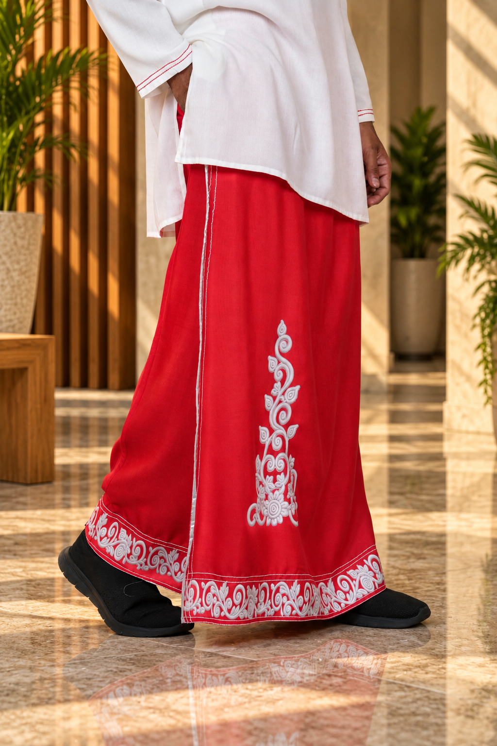 Men Red Colour Rayon Pajamalungi with Emb look DTF Sticker