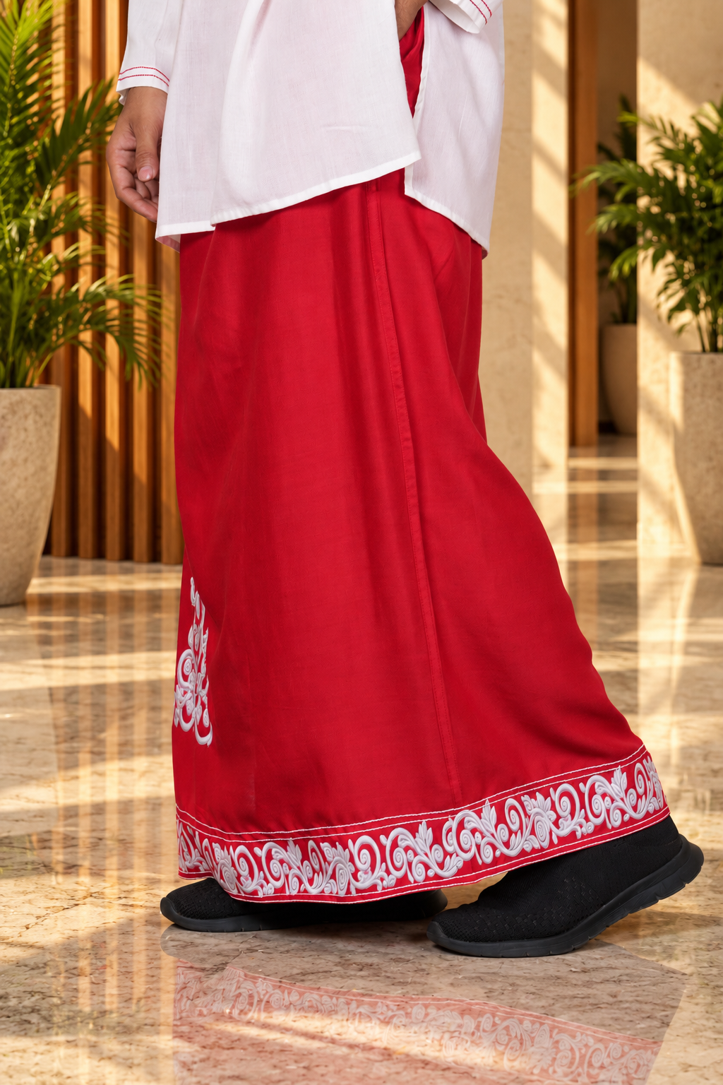 Men Red Colour Rayon Pajamalungi with Emb look DTF Sticker