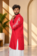 Men Red Colour Rayon Kurta with Emb look DTF Sticker