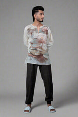 Lotus Printed Cotton Kurta & Brown Pajama Set
