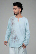 Sky Blue Flower Printed Cotton Kurta - Nirmal Online