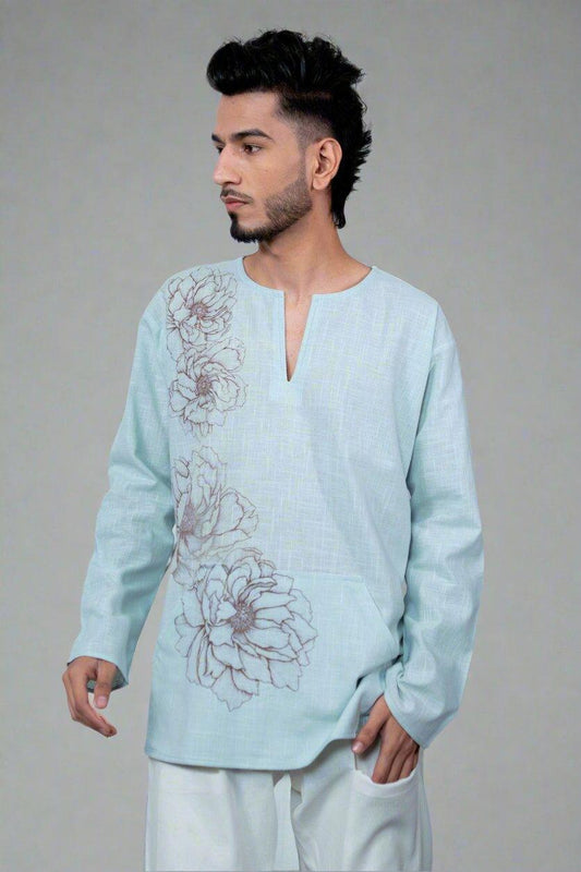 Sky Blue Flower Printed Cotton Kurta