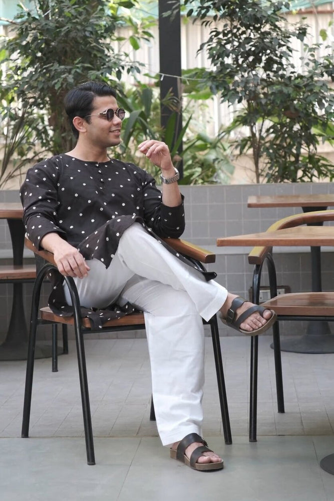 Men’s Cotton Linen Blend Kurta with White Floral Embroidery and Sequins & White Cotton Linen blend Men's salwar Pajama.