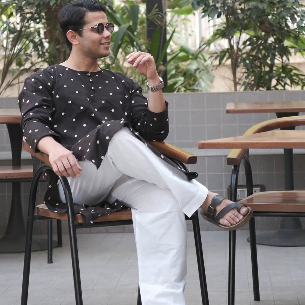 Men’s Cotton Linen Blend Kurta with White Floral Embroidery and Sequins & White Cotton Linen blend Men's salwar Pajama.