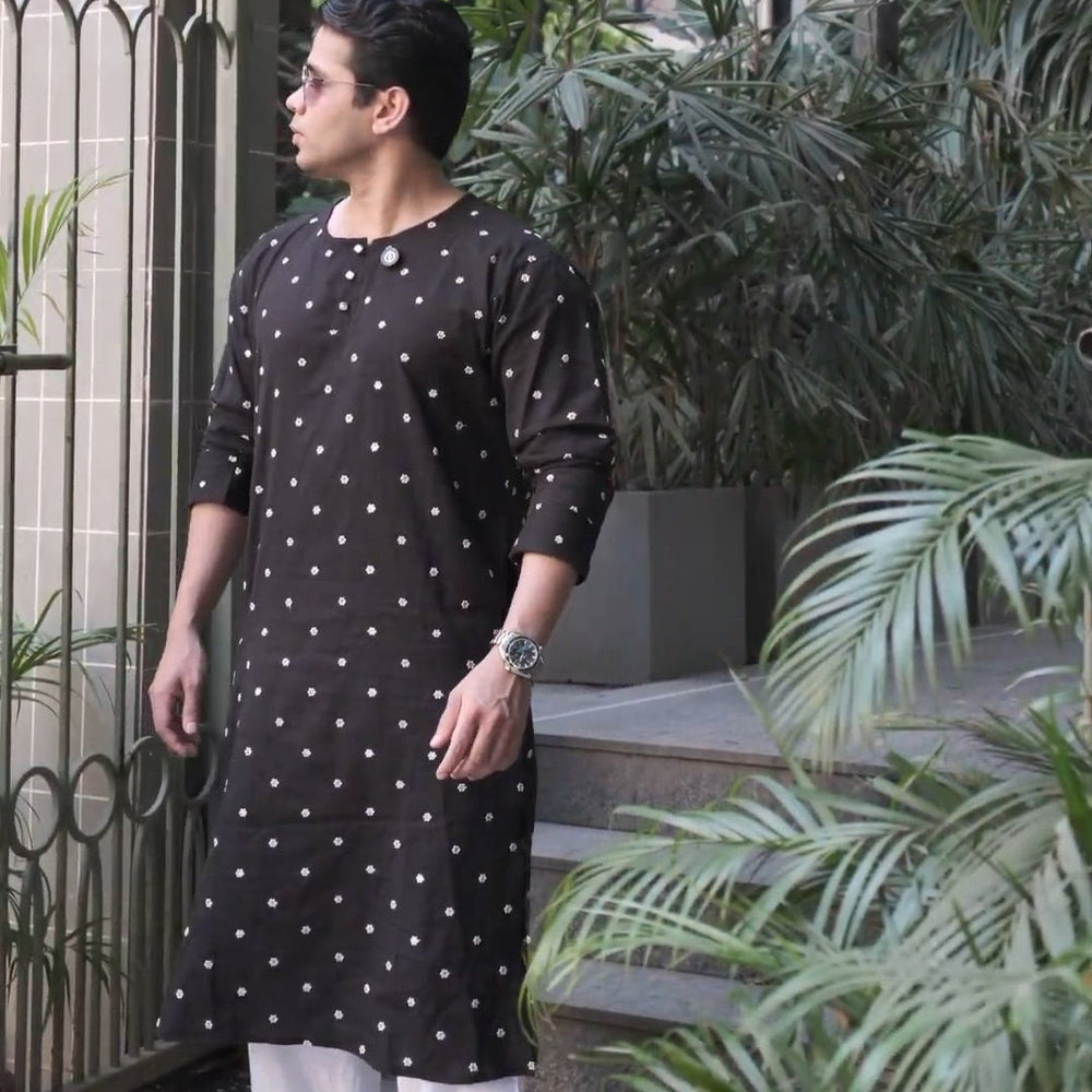 Men’s Cotton Linen Blend Kurta with White Floral Embroidery and Sequins & White Cotton Linen blend Men's salwar Pajama.