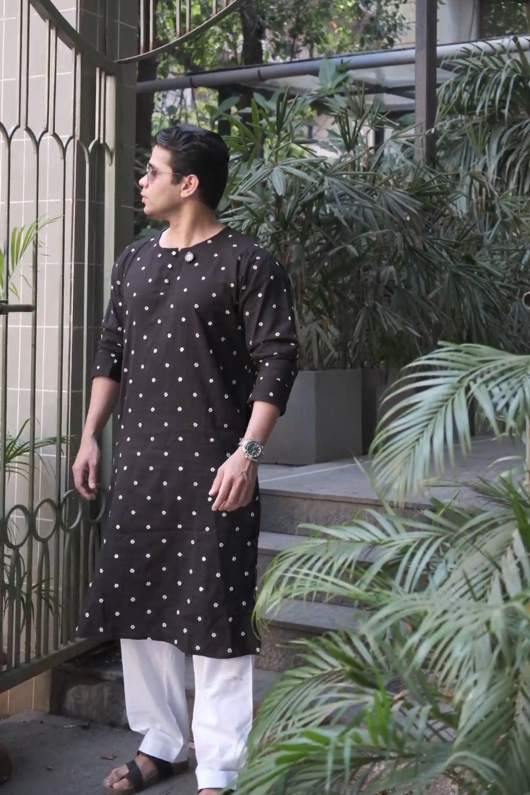 Men’s Cotton Linen Blend Kurta with White Floral Embroidery and Sequins & White Cotton Linen blend Men's salwar Pajama.