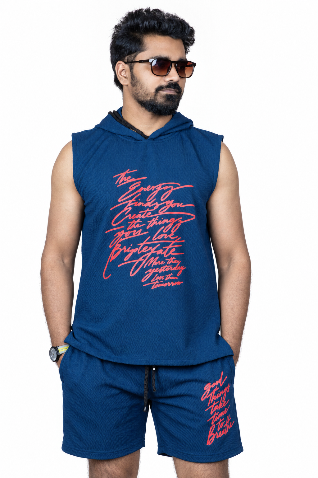 Men’s Blue Graphic Print Sleeveless Hoodie