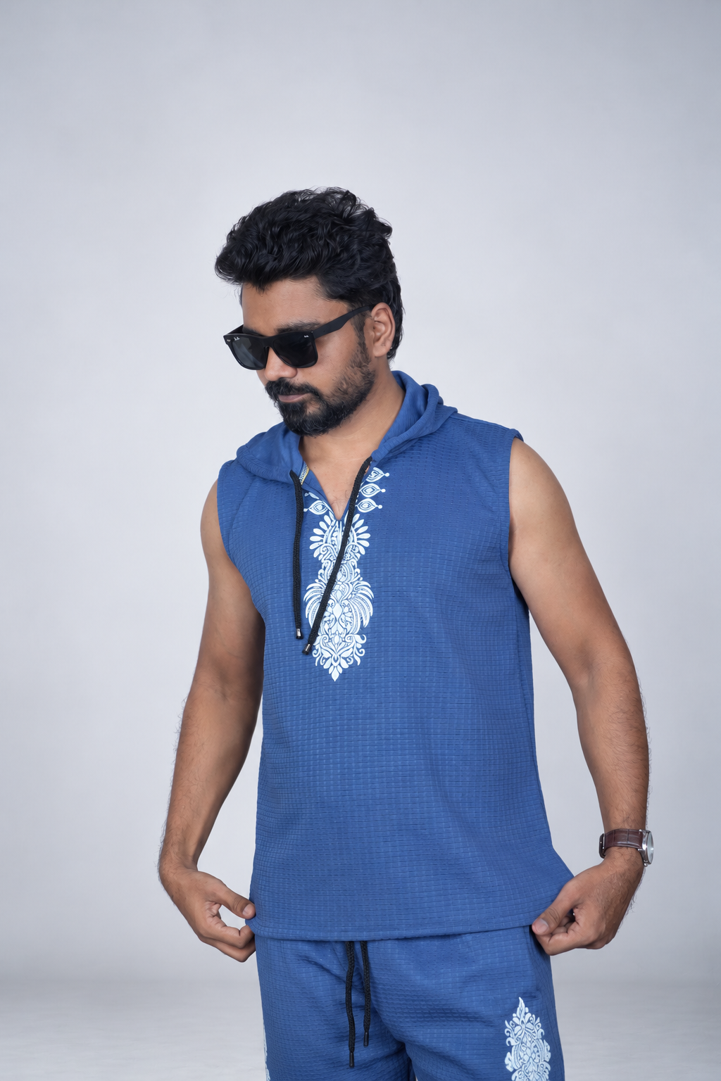 Men's Blue Printed Sleeveless Hoodie