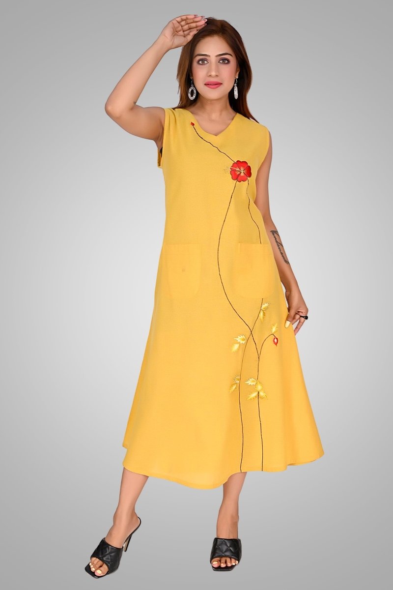 Mustard Yellow Sunlit Blossom Dress - Nirmal Online